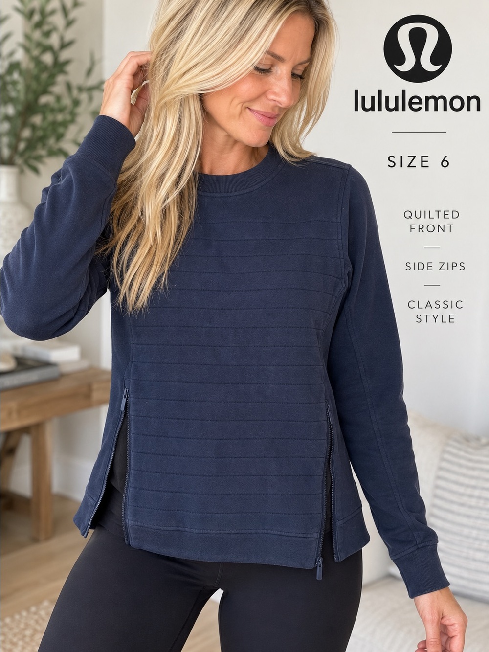 Lululemon Navy Quilted Front Pullover Sweatshirt Side Zips Size 6